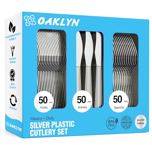 Conjunto de Talheres, Copos e Facas PLASTIC GAMES (150 unidades) Oaklyn - Jogos de talheres - 150 unidades, plástico brilhante, resistente à água, resistente ao gelo