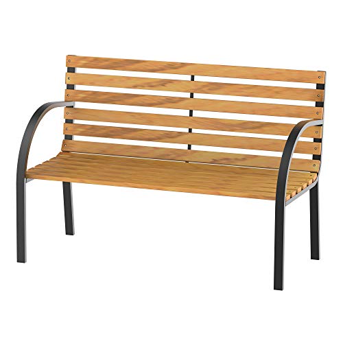 Banco de Jardim Outsunny | 2 Lugares | Encosto e Apoios de Braços | Ripas de Madeira e Estrutura de Aço | Carga 230 kg | 122x60x80 cm | Natural e Preto Outsunny - Móveis de exterior - 2 lugares, encosto ergonómico, apoios de braços, madeira maciça, estrutura aço