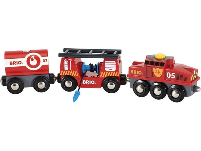Conjunto de veículo e pista BRIO Fire Brigade BRIO - Comboios de brincar e conjuntos de comboios - veículo, pista, bombeiros, cores amarelo e preto, luzes, sons realistas, curvas, pontes, casa