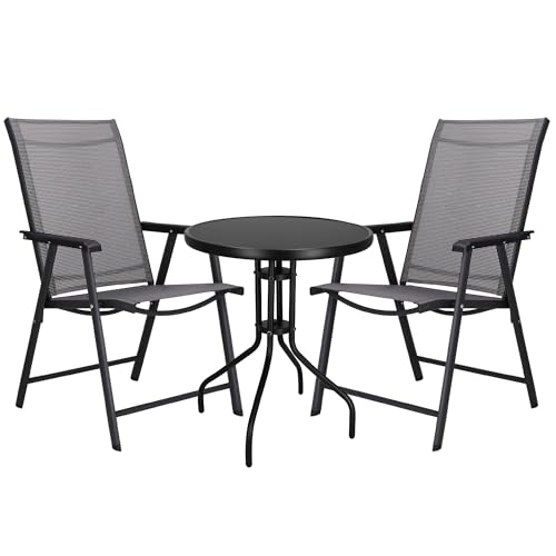 Conjunto de Móveis de Jardim SPRINGOS GF0082+2xGF0079 SPRINGOS - Móveis de exterior - mesa redonda, tampo vidro escuro, 2 cadeiras dobráveis, textileno
