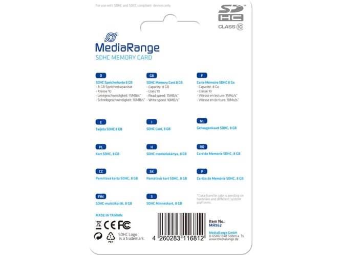 Cartão de Memória MEDIA RANGE MR962 (8 GB - SDHC) MediaRange - Cartões de memória flash - 8 gb, SDHC, Classe 10, 15 MB/s