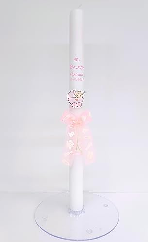 Vela de Batizado Decorada com Carrinho e Laço em Rosa 3x40cm PLAS GRAFIC - Velas - decorada, carrinho, laço, rosa