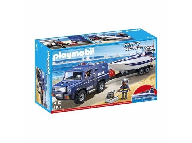 Playmobil City Action 5187 Carro da Polícia com Barco (Jogos de Sociedade) PLAYMOBIL - Conjuntos de brinquedos - policiais, carro, helicóptero, mota, barco