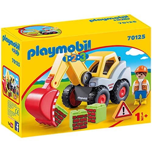 Playmobil 1.2.3 Pala Excavadora (Idade Mínima Recomendada: 18 meses) PLAYMOBIL - Conjuntos de brinquedos - escavadora, braço móvel, pala rotativa, operário, blocos de construção