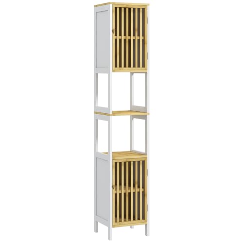 Armário de Casa de Banho HOMCOM | 2 Portas | 2 Prateleiras | Branco SPANISH AOSOM - Armários de armazenamento e armários de bloqueio - 2 portas, 2 prateleiras, MDF, bambu