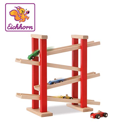Pista de Carros HEROS TOYS Circuito de Madeira (Idade Mínima Recomendada: 3 anos) Eichhorn - Conjuntos de brinquedos - 3 curvas, 2 retas, túnel de luzes, 4 carrinhos