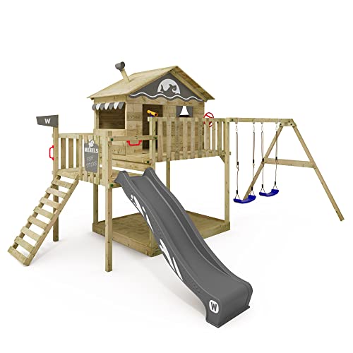 Parque Infantil WICKEY (Cinzento - Aço - 300x295x195 cm) Wickey - Baloiços de brincar - 2 escorregas, balanço, tampo de madeira, cortina de vinil, estrutura em metal