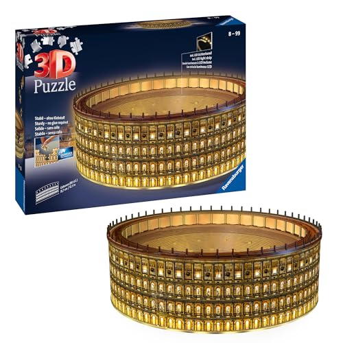 Puzzle 2D & 3D RAVENSBURGER Colosseum Night Edition (Idade Mínima Recomendada: 12 anos - 216 peças) Ravensburger - Quebra-cabeças de encaixar - puzzle, madeira, luzes LED, estrutura plástica, altura 26 cm
