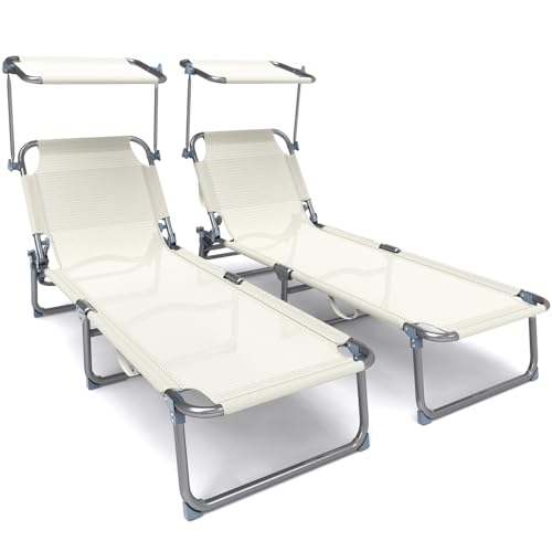 Conjunto de 2 Espreguiçadeiras VOUNOT com Guarda-Sol (Bege - Aço e Tecido) VOUNOT - Móveis de exterior - 2 espreguiçadeiras, guarda-sol, bege, aço