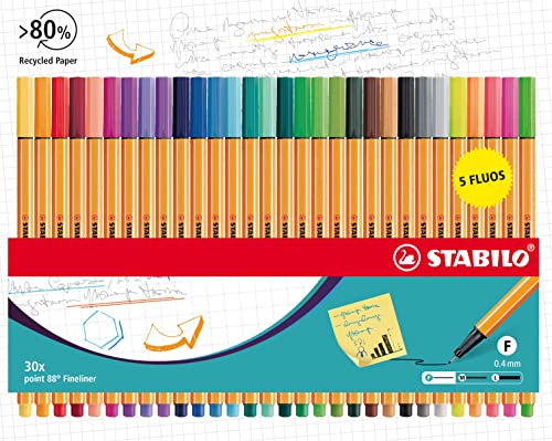 Marcadores Fineliner STABILO Point 88 Neon (Multicor) Stabilo - Canetas - ponta fina, 30 unidades, tinta à base de água, ventilado