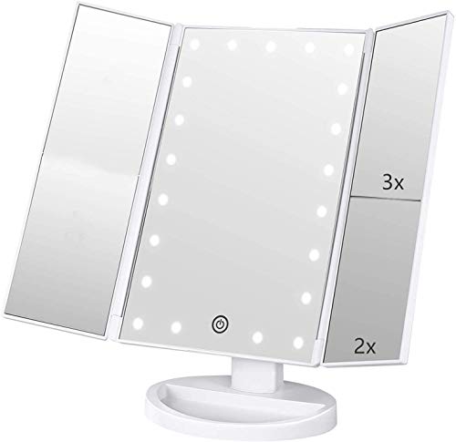 Espelho Triplo com Zoom e Luz LED Branco Infitrans - Ferramentas de Maquiagem - 27.5x17 cm, LED branco, micro-usb, pilhas AAA