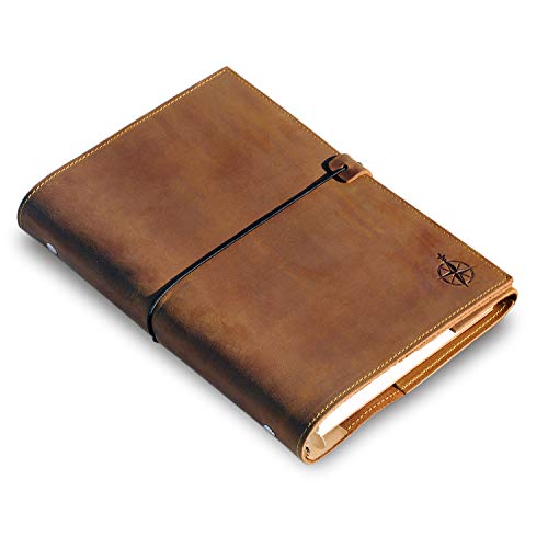 Caderno Pergaminho e Couro Liso (A5) - Castanho Wanderings - Pastas Organizadoras - A5, compacto, elegante, couro liso