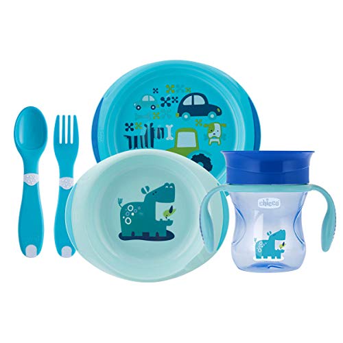 Conjunto de Refeição CHICCO Baby Blue (Azul) Chicco - Jogos de jantar - pratos planos, cantos arredondados, tigela, garfo, colher