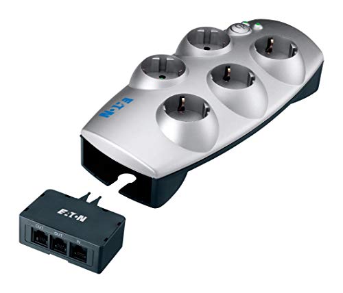 Estabilizador de corrente Eaton Protection Box 5 Tel@+TV DIN Eaton - Transformadores de voltagem e reguladores - 1100 J, 5 saídas, filtragem EMI, prateado