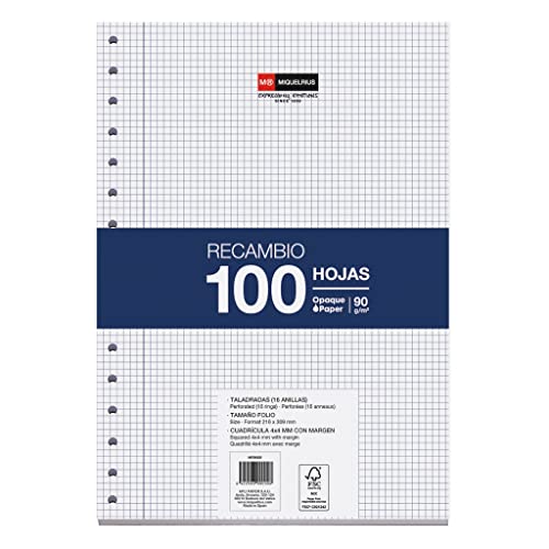 Recarga para Caderno MIQUELRIUS Quadriculado (Folha - Branco) MIQUELRIUS - Papel para fichários - recarga, quadriculado, folha branco, taladros, organização