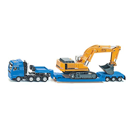 Veículos SIKU Camião de Transporte de Pesados com Escavadora Azul SIKU - Modelos em escala - camião de transporte, escavadora azul, motor roda livremente, capô abre-se