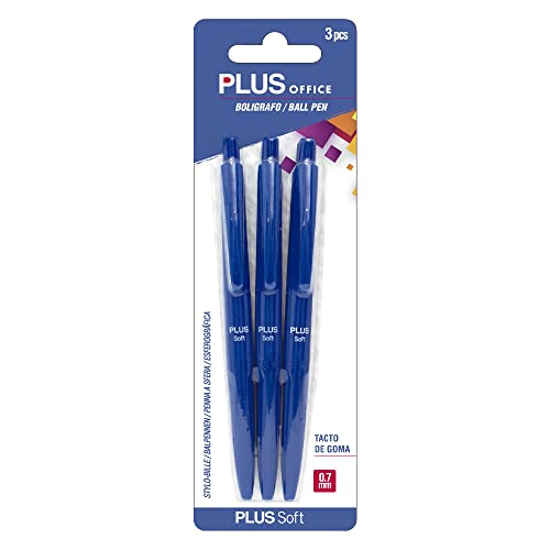 Canetas PLUS OFFICE Soft Pack (Azul - 3 Unidades) MAKRO PAPER - Canetas - tinta rápida, ponta retrátil, tampa ventilada, corpo de borracha