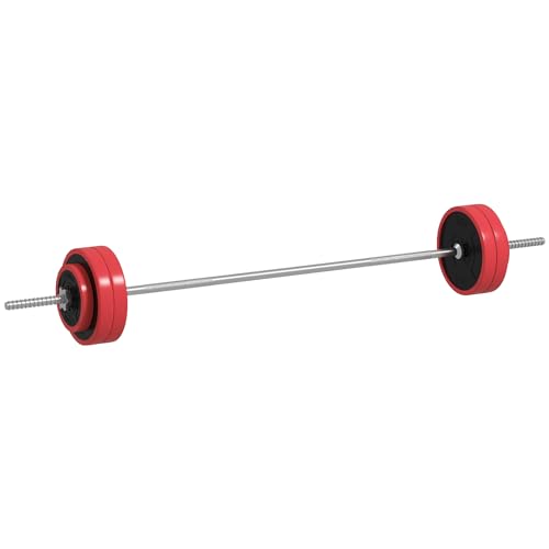Conjunto de Barra de Pesos e Discos Sportnow - 170 x 26 x 26 cm - Vermelho SPANISH AOSOM - Exercício e fitness - barra, discos intercambiáveis, 6 discos, 2 pesos diferentes, segurança