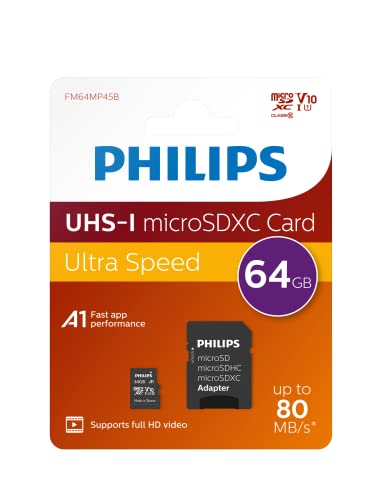 Cartão de memória PHILIPS FM64MP45B SDXC 64GB Philips - Cartões de memória flash - 64 gb, MicroSDHC, Classe 10, 80 MB/s
