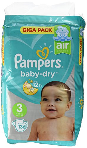 Fralda PAMPERS Baby-Dry (Tam: 3-5 kg - 136 Unidades) Pampers - Roupa interior - 3.5 kg, 136 unidades, ar circulante, respiração