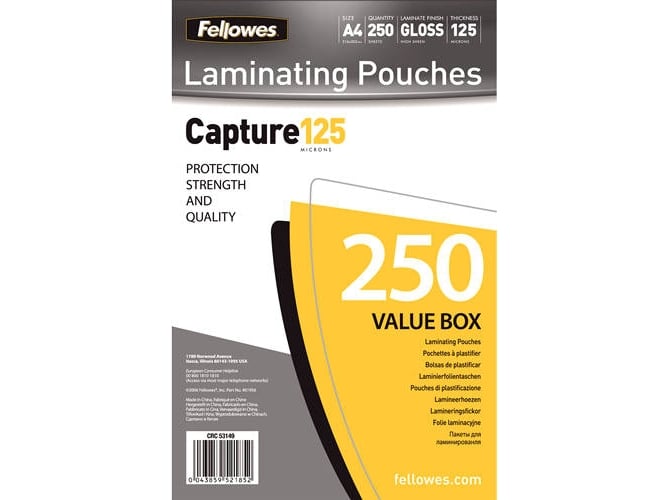 Pack 250 Bolsas de Plastificação FELLOWES 5314903 Fellowes - Filme de laminação, pochetes e folhas - 250 bolsas, acolchoadas, reforço de borracha, resistente