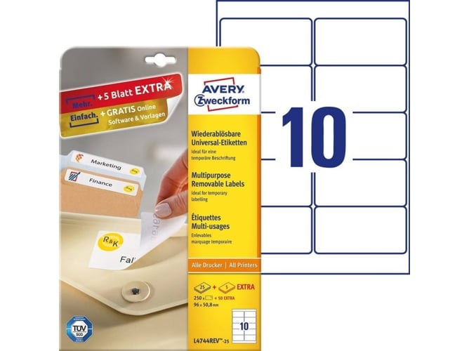 Etiquetas Avery L4744REV-25 | Branco (Classificação e Arquivo) Avery - Papel de impressora e copiadora - branco, hp laserjet, 9.6x5 cm, 25 peças