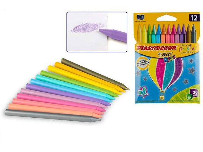 Estojo de Cera Decorativa PLASTIDECOR 12 Cores Pastel BIC - Instrumentos de escrita e desenho - 12 cores, pastel, metálico, resistente