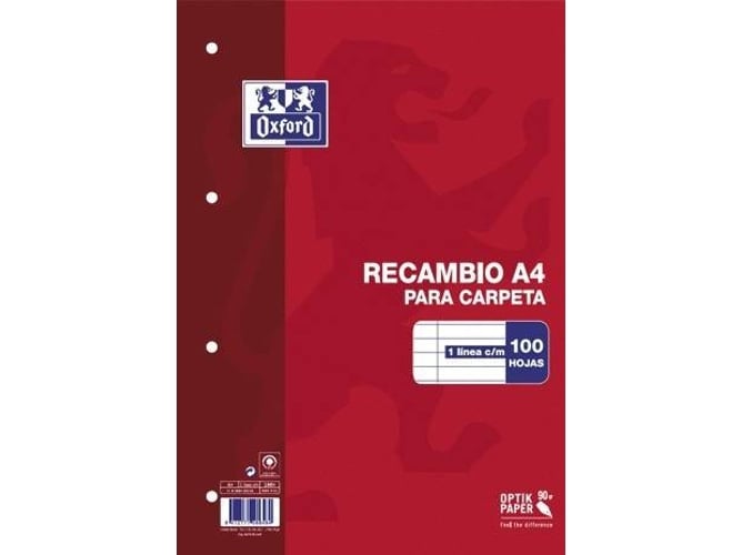 Oxford Recambio Formato A4 Horizontal 1 Línea 4 Taladros - 100 Hojas Sueltas Con Margen Oxford - Cadernos e bloco de notas - A4 horizontal, 100 folhas, margem, taladros