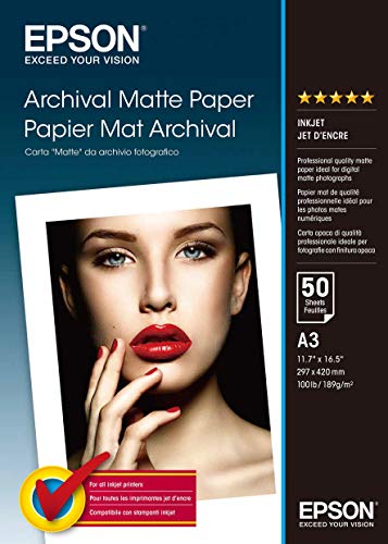 Papel de Impressão EPSON Archival Matte Paper DIN A3 50 Folhas Epson - Papel de impressora e copiadora - epson, jato de tinta, a3, archival matte