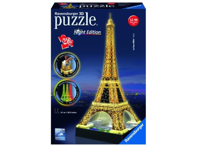 Puzzle 3D Eiffel Tower Building With Light (216 peças) Ravensburger - Quebra-cabeças de encaixar - puzzle, 3D, Torre Eiffel, 216 peças, módulo de luz led