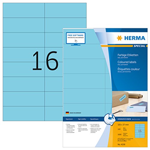 Herma Labels blue 105x37 SuperPrint 1600 pcs. HERMA - Papel de impressora e copiadora - azul, 1600 peças, 105x37mm, a4