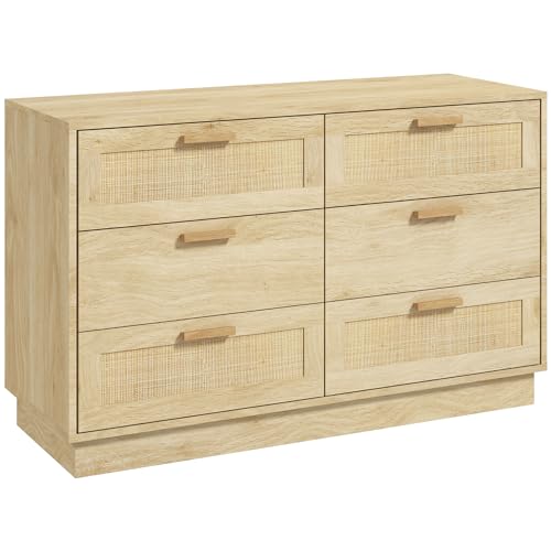 Armário HOMCOM com 6 Gavetas | Madeira e Rattan | 110 x 40 x 69 cm - Castanho SPANISH AOSOM - Comodas - 6 gavetas, madeira, rattan, 110 x 40 x 69 cm