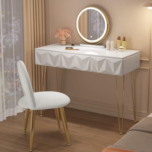 Mesa de Maquilhagem EUGAD 0054SZT (Branco - Tecido e Metal) EUGAD - Conjuntos de móveis - 3 espelhos, iluminação LED, pés ajustáveis, estrutura estável
