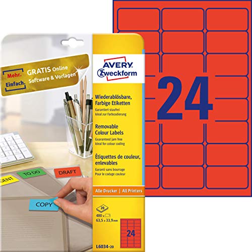 Etiquetas Autocolantes AVERY L6034-20 (24 peças) Avery - Papel de impressora e copiadora - autocolantes, avery, l6034-20, 24 peças