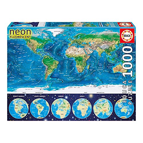 Puzzle EDUCA BORRAS Mapa Fisico Neon 1000 Peças EDUCA - Quebra-cabeças de encaixar - mapa físico, iluminação neon, 1000 peças