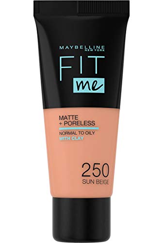 Base MAYBELLINE Fit Me Foundation Matte & Poreless 250 Sun Beige MAYBELLINE - Maquiagem facial - matificante, poreless, peles mixtas, cobertura uniforme