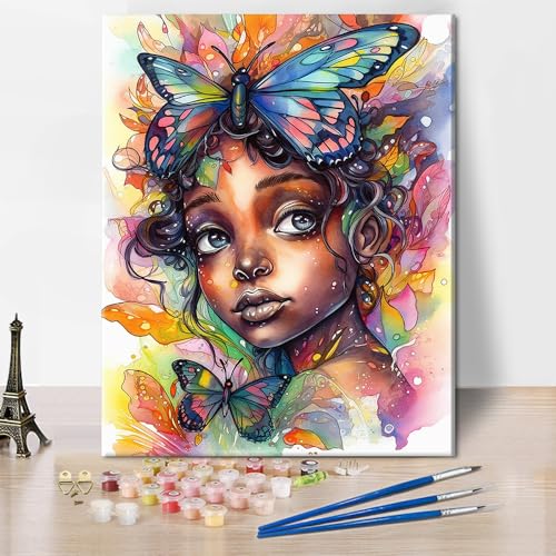 Quadro DIY PINTURA POR NUMEROS Adultos Mulher Negra Kit de Pintura por Números sobre Lienzo Mariposa TuAnn - Materiais de arte e artesanato - kit, pintura por números, tinta à base de água, quadro DIY