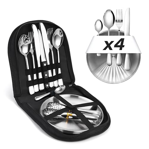Conjunto de Talheres e Pratos de Campismo (23 peças) Madwen LLC - Utensílios e louça de cozinha para camping - conjunto, talheres, pratos, campismo, 23 peças