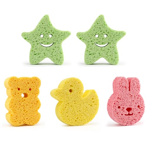 Conjunto 5 Esponjas de Banho para Bebé KRYMSON - Banho e corpo - algodão, fibra de madeira, 2 estrelas, 1 pato
