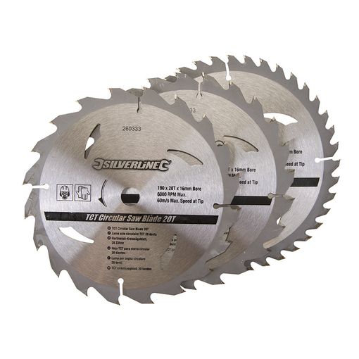 Conjunto de Discos para Serra Circulares SILVERLINE 260333 Silverline - Lâminas de serra - aço inoxidável, 190 mm, dentes 20, dentes 24, dentes 40