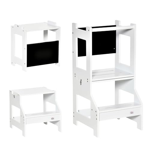 Torre de aprendizado HOMCOM | 2 em 1 | Madeira | Branco | 42 x 44 x 86 cm SPANISH AOSOM - Escadas e andaimes - madeira, 2 em 1, independência, segurança