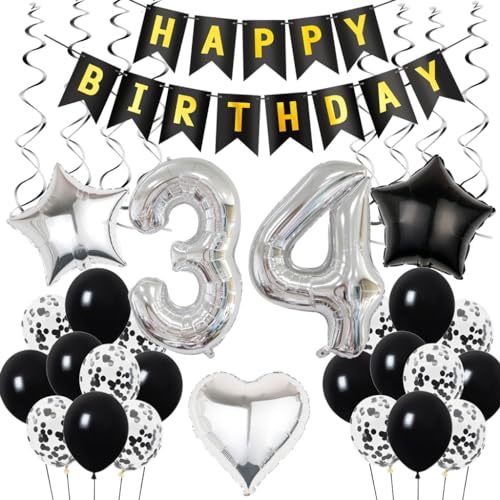 Decoração De 34 Aniversário DECO DECOR Ohaoduo - Kits de festa - 34 globos, balão coração, balões estrela, pendurantes, faixas balões