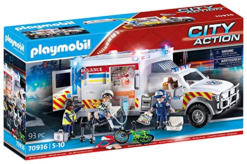 Playmobil City Action 70936 ambulância com bombeiros e ferido (Jogos de Sociedade) PLAYMOBIL - Brinquedos - ambulância, bombeiros, ferido, luzes, som