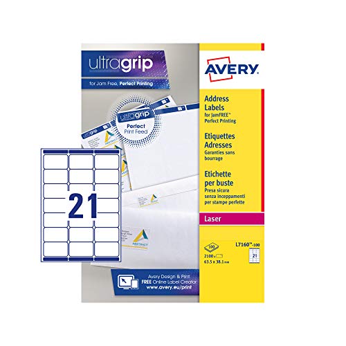 Etiquetas AVERY L7160-100 (Branco - 63x38mm) AVE - Etiquetas de endereço - branco, 63x38mm