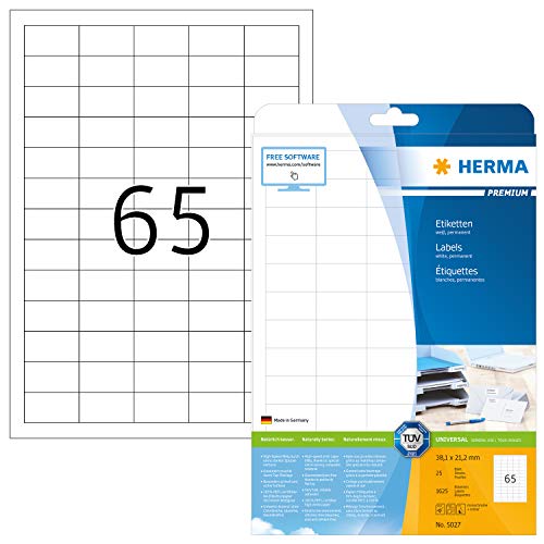 Etiquetas para Impressão HERMA 5027 | Branco HERMA - Papel de impressora e copiadora - 38,1 x 21,2 mm, 25 folhas, resistente ao calor, à água e ao sol