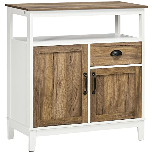 Aparador HOMCOM | 76.6 x 35 x 81.5 cm - Branco/Madeira HOMCOM - Buffets e aparadores - 76.6 x 35 x 81.5 cm, rustico, portas emmarcadas, puxadores pretos
