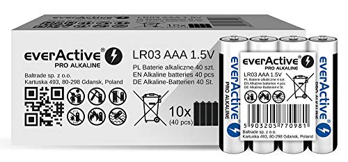 Pilhas Everactive Alcalina Pro AAA 1.5V - Pack de 40 EVERACTIVE - Baterias de uso geral - 1.5v, 1250 mAh, alta durabilidade, industrial