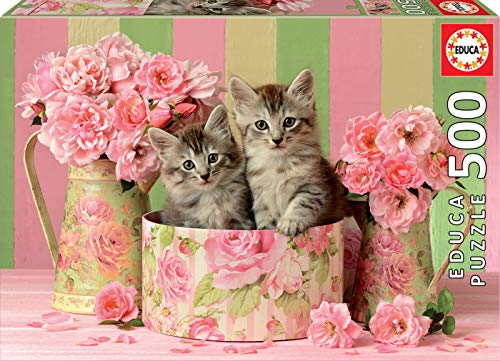 Puzzle 2D JOYDIVISION Gatos con rosas (500 peças) EDUCA - Quebra-cabeças de encaixar - 500 peças, 25 cm altura, 2D puzzle