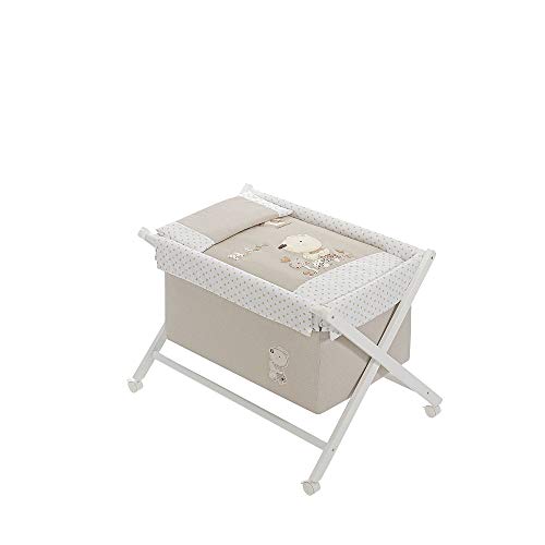 Berço de Passeio MINICUNA Nature (Bege - 50 x 60 x 100 cm) Mindoo - Móveis para bebês e crianças pequenas - madeira, pernas tijolos, vestido bege, estrutura branca