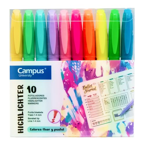 Marcador Fluorescente Campus 10 Unidades MAKRO PAPER - Marcadores e marcadores de texto - fluorescente, 10 unidades, traço ajustável, cores brilhantes